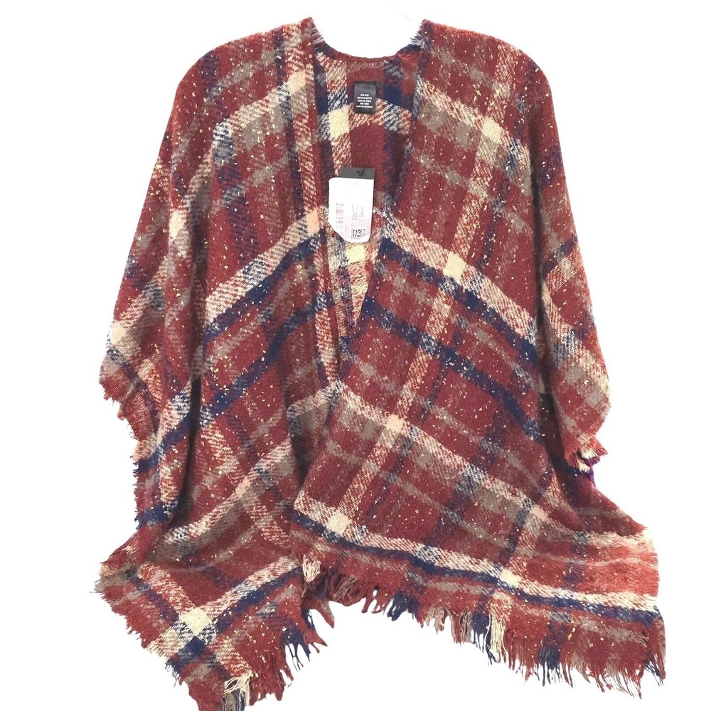 NWTBMarcus Adler New York Plaid Poncho Fringe Faux Cashmere Shawl‎ Open Front OS